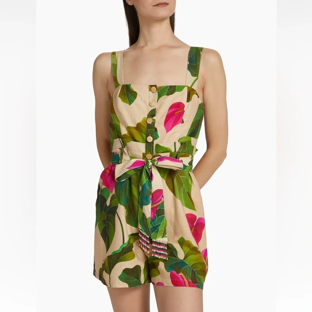 FARM Rio Beige Romper with Green Leaf & Pink Floral Print - Picture 3 of 16